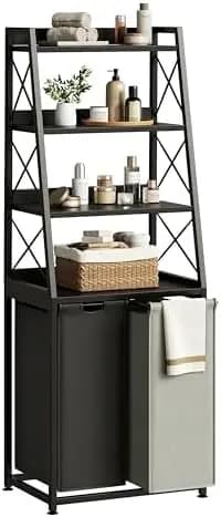 Laundry Basket, 2 Section Laundry Hamper with 4 Tiers Shelf, Pull-Out and Removable Laundry Bags, Large 2 x 15.87