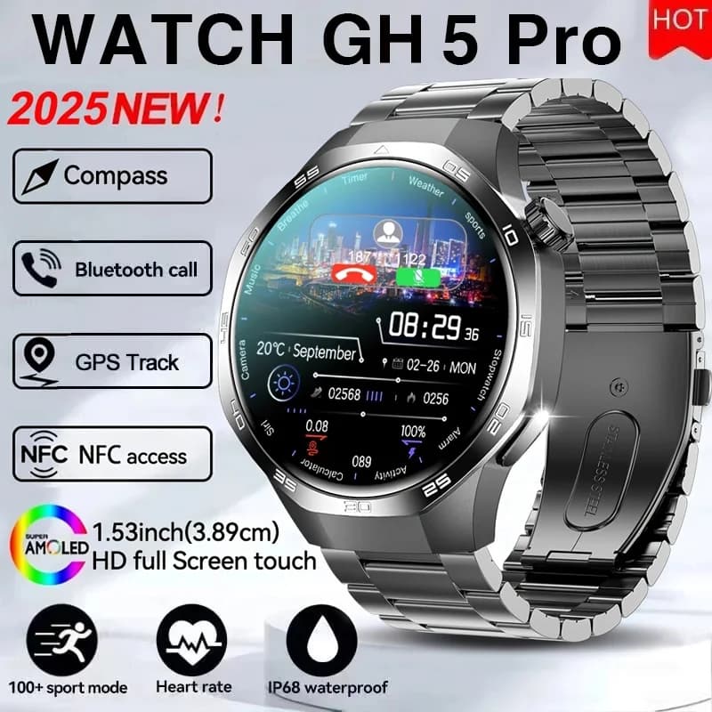 Smartwatch 2026 Watch 5 Pro with GPS, Compass, AMOLED 360*360 Screen, NFC, BT Calls, Waterproof, Health Monitor for Men