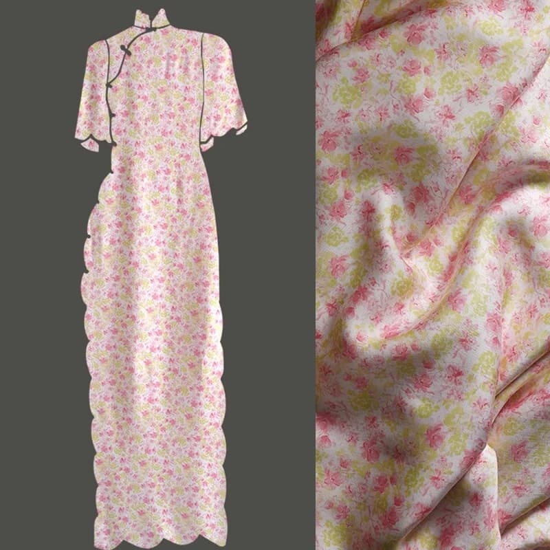 145 CM di Larghezza 200 G/M 100% Tessuto Rayon per Abito Sottile Estivo FAI DA TE Camicetta Cheongsa, Carino Rosa Giallo Stampato Floreale tessuto morbido R440