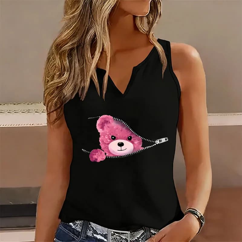 Canotta da donna con stampa grafica orsetto kawaii, scollo a V, casual, stile Y2K