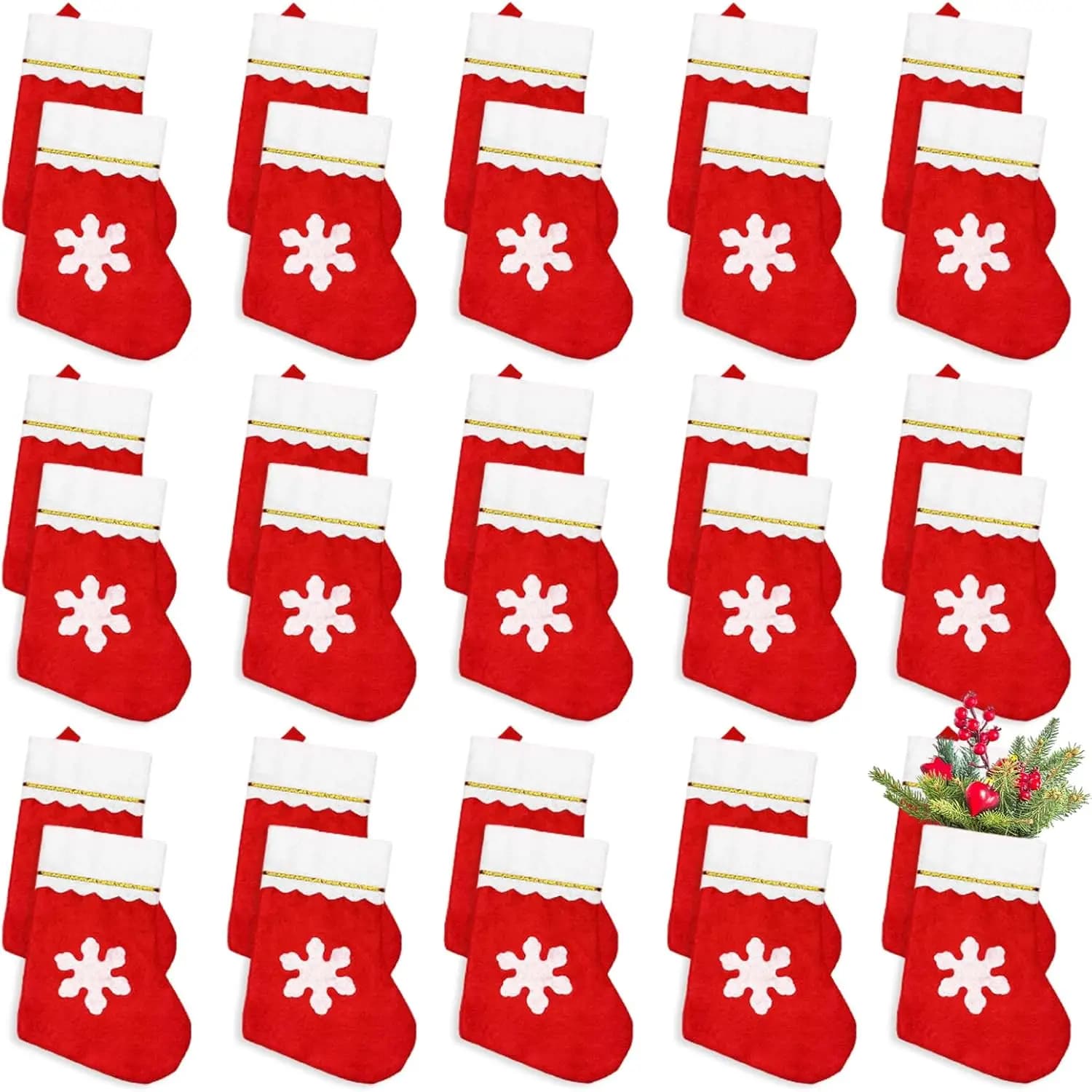 Mini Christmas stockings of 30 pieces, 8' Christmas socks, crockery holders with snowflakes, bag for candy for tree and party