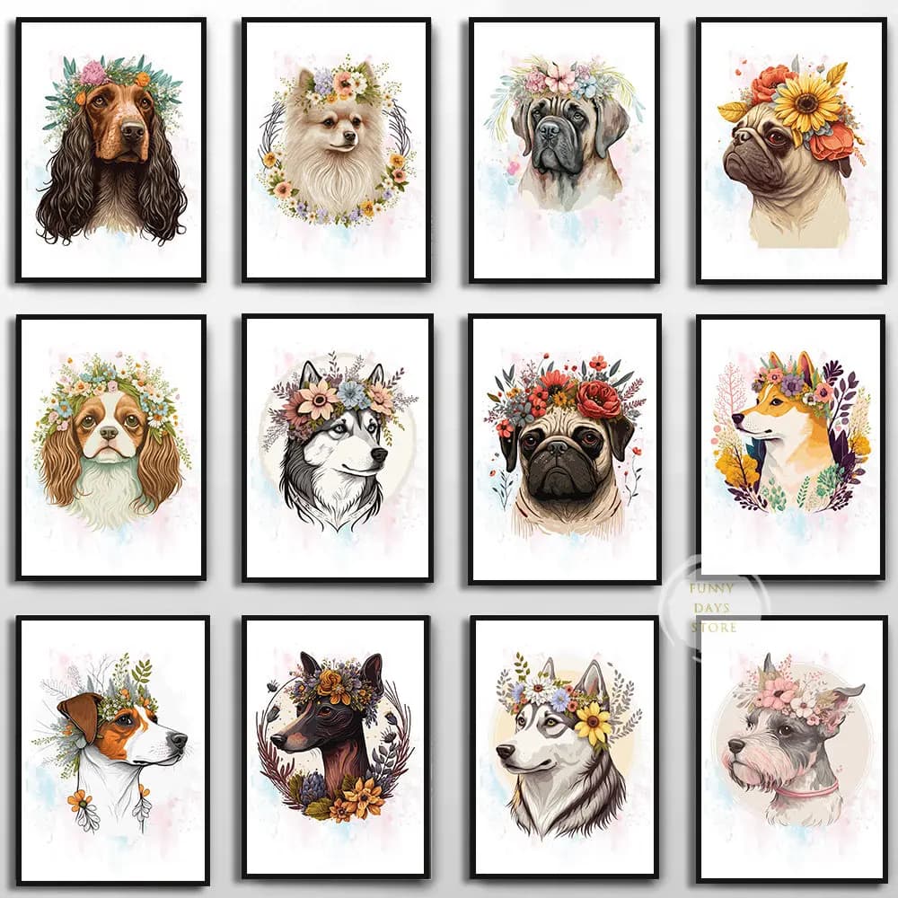 Quadro su tela senza cornice, pittura ad acquerello, poster con fiori e cani: Husky, Rottweiler, Pug, Bulldog Francese