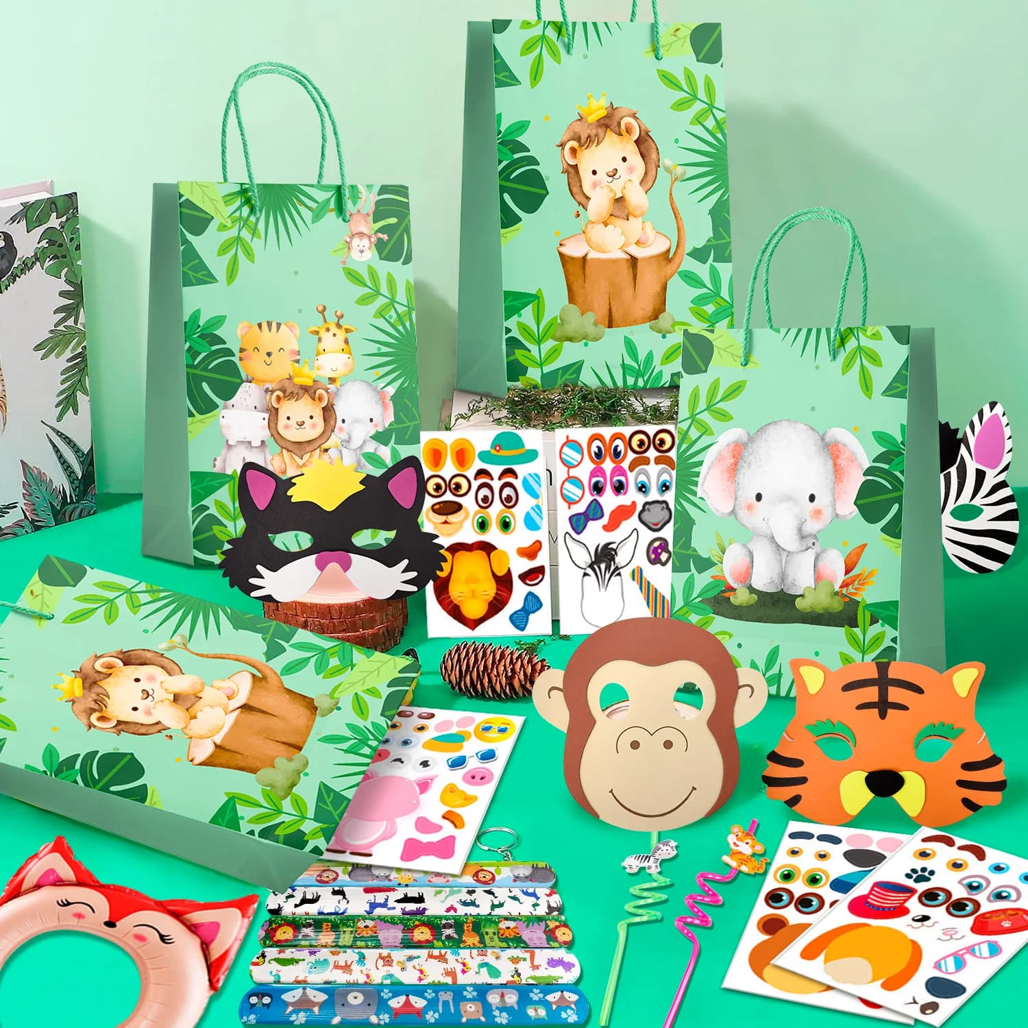 60 Pezzi Set Completo per Festa a Tema Giungla Safari - Braccialetti Scattanti, Adesivi, Cannucce, Maschere, Sacchetti Regalo e altro per Bambini