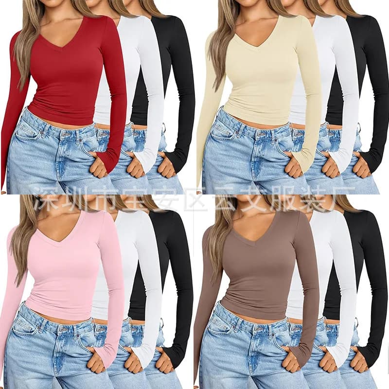 T-shirt autunno-inverno con scollo a V profondo, top basic aderente e snellente, camicia morbida ed elasticizzata traspirante per donna, abbigliamento casual per tutti i giorni