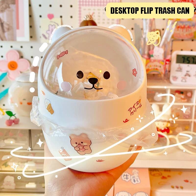 Organizzatore di pattumiera da tavolo con coperchio Kawaii simpatico orso bidone della spazzatura scatola di immagazzinaggio portapenne per ragazza secchio di stoccaggio con flip top
