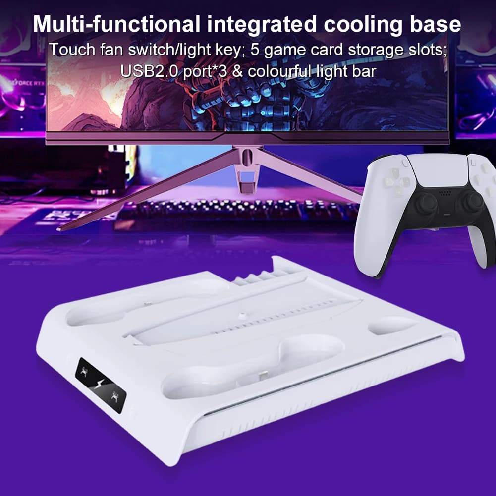 Per PS 5 Slim/PS 5 Pro Supporto Caricatore controller rapido con gancio per cuffie Sistema di raffreddamento verticale Ventola di raffreddamento a 3 livelli Luci RGB