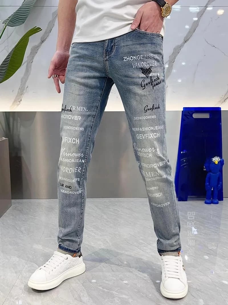 Jeans Slim Fit Stampati da Uomo Primavera 2025, Pantaloni alla Caviglia Elasticizzati Versatili e Lavati, Trendy per Giovani
