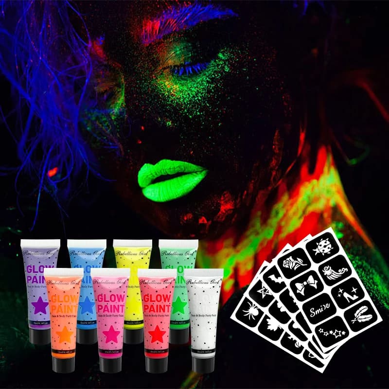 Vernice per il viso UV Blacklight da 10 ml 8 colori con adesivi per tatuaggi, vernici per il corpo al neon fluorescenti, lavabile più veloce, Mardi Gras Halloween