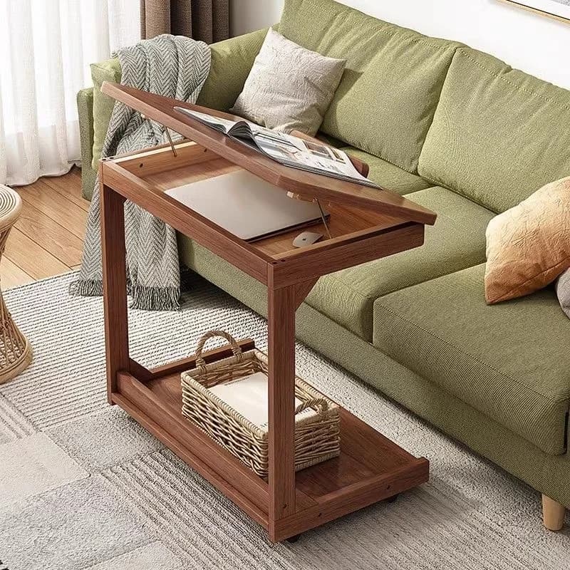 Tavolino Laterale in Legno Massello Regolabile in Altezza, Scrivania per Laptop da Divano o Comodino, per Soggiorno, Camera da Letto, Studio, con Scaffale Organizzatore per Libri