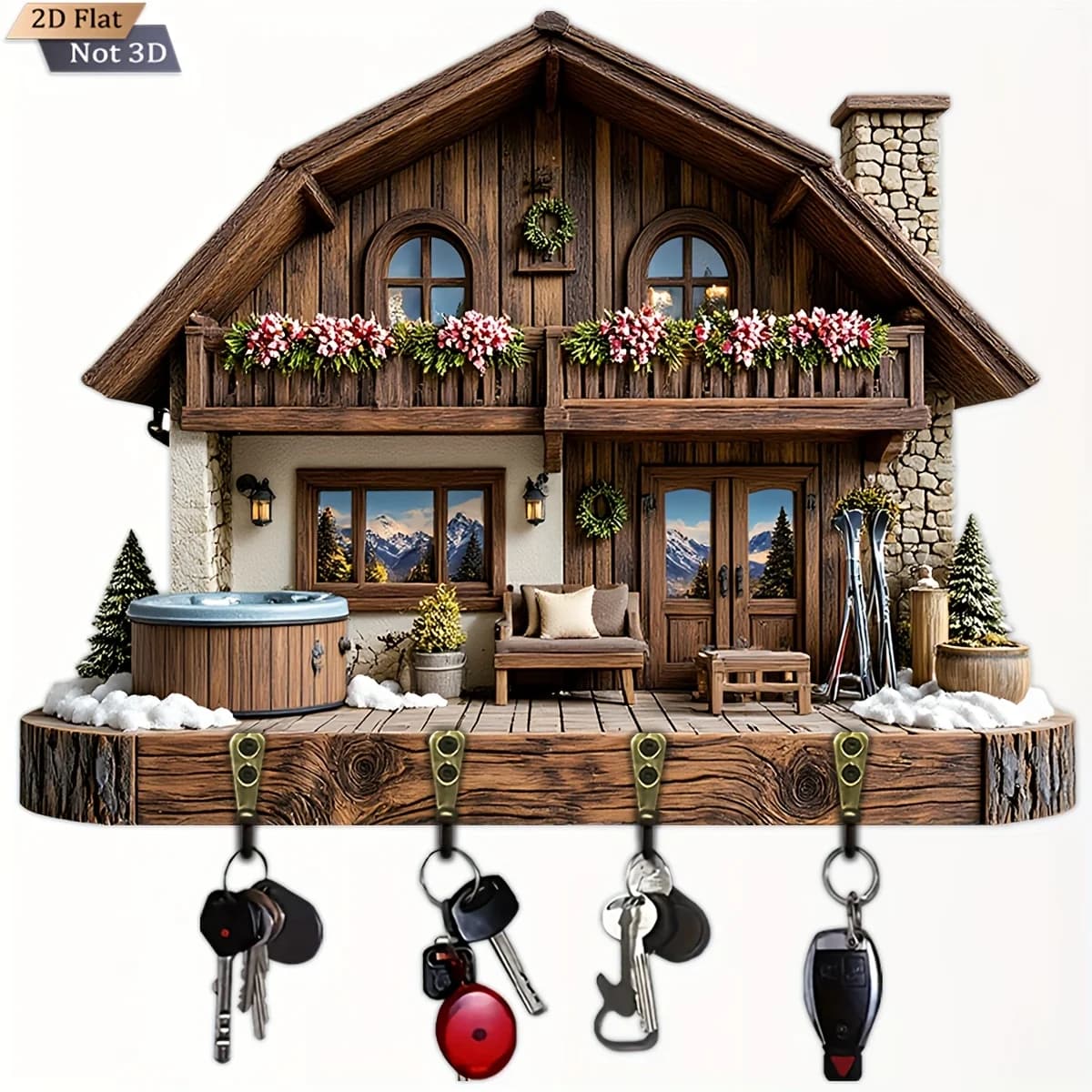 2D Flat, 1pc, Snow Mountain Cabin Key Hook, Wooden Multifunctional Home Key Holder with Four Metal Hooks, Wall Decoration,