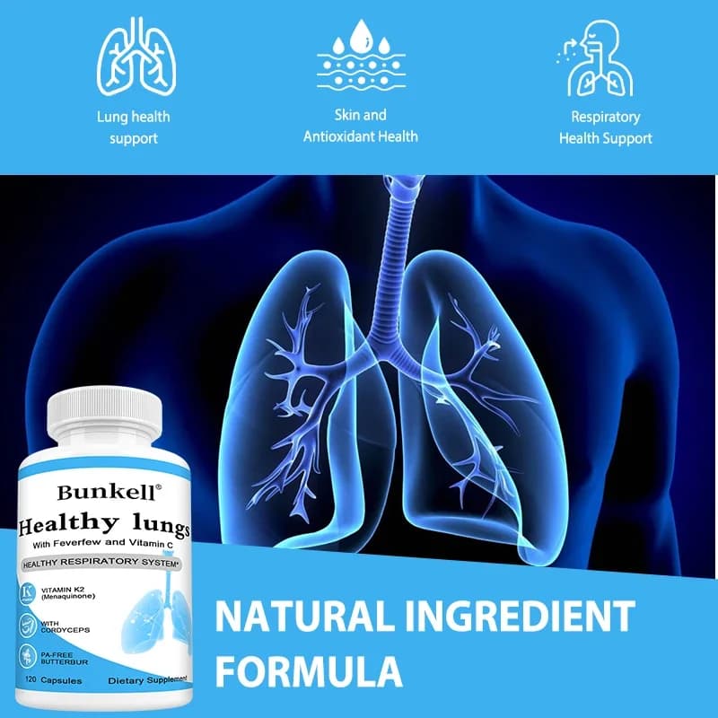 Supplement for lung health with vitamin C, butterbur, quercettina and bromelin, detoxifying formula for pulmonary cleansing for respiratory system