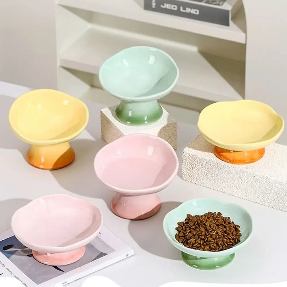 Flower Shape Ceramic Cat Bowl Anti-Tip Tall Footed Elevated Cat Bowl Gradient Oblique Mouth Pet Food Water Feeders Pet Feeding