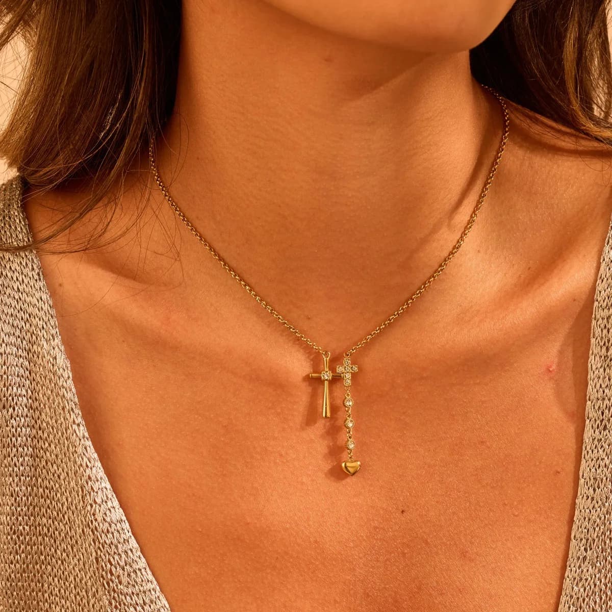 Stainless steel necklace double cross-shaped cross-shaped heart style high-end collar chain