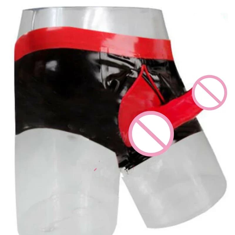Pantaloncini in gomma da uomo in lattice con guaina intimo con cerniera frontale nero fatto a mano con rosso