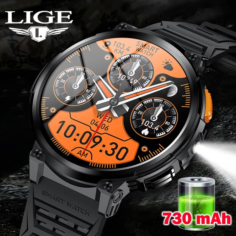LIGE 1.85 "Scream HD LED Flashlight Men's Watchtool 730mAh Large Battery BT Call Man Bracelet Waterproof Fitness Men Smartwatch