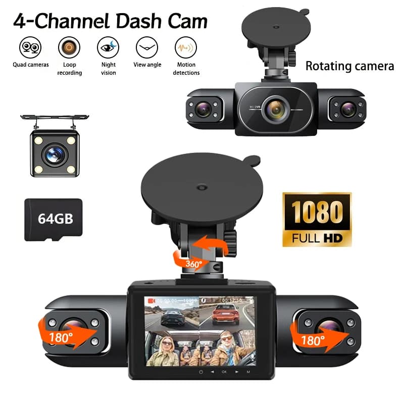 Car Dashcam 1080P Front Left and Right with 2 Inch Display, G-Sensor, Night Vision, Backup Assistant with 64GB SD Card