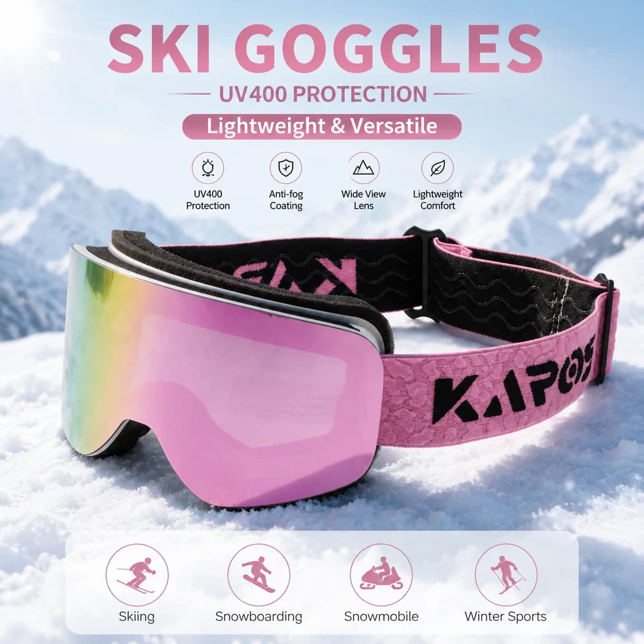Karos Ski Goggles UV400 Double Layer Anti Fog Snow Eyewear Lightweight Winter Sports Glasses for Skiing Snowboard Snowmobile