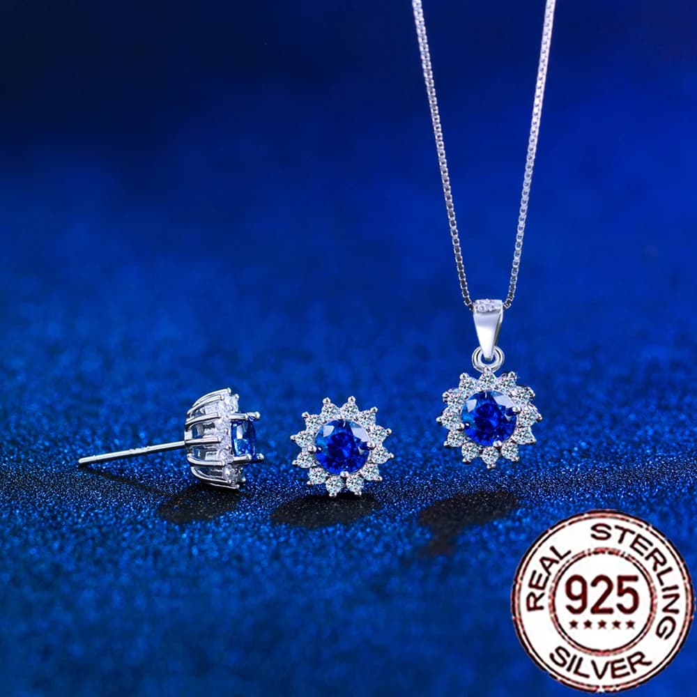 QooLady Silver 925 Elegant Blue CZ Crystal Big Flower Stud Earrings Necklace Set for Women Fine Evening Party Jewelry Gift ST026
