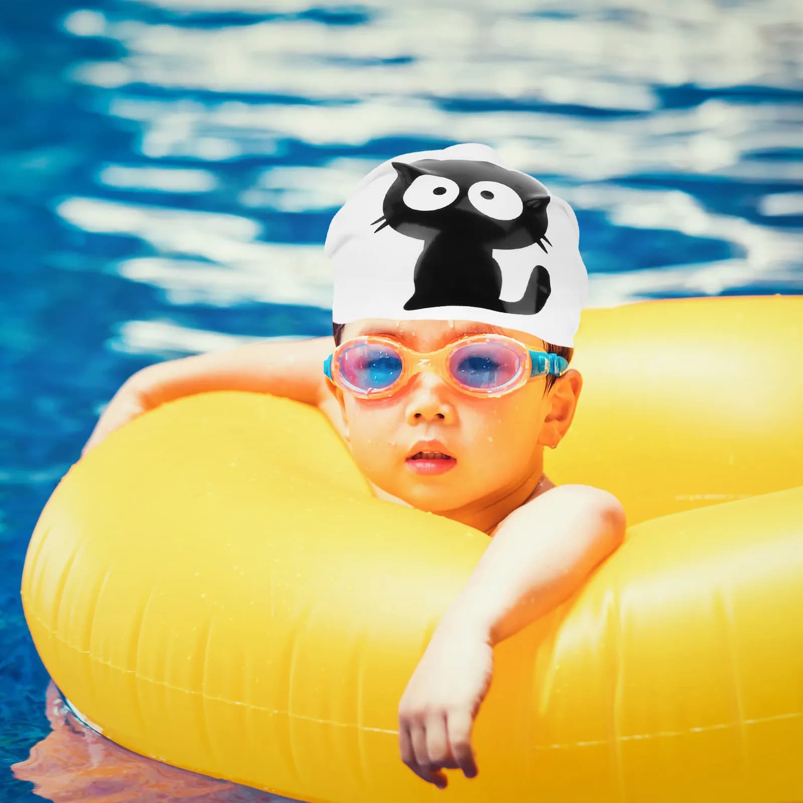 Waterproof and elastic silicone swim cap with cat pattern, comfortable and protective for swimming pool