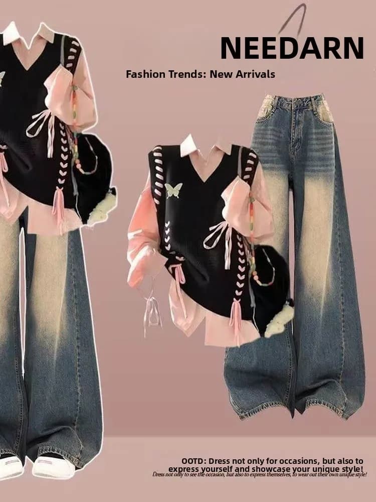 Set Tre Pezzi Stile Casual, Gilet alla Moda con Jeans Larghi, Collezione Autunnale, Abbigliamento Donna, Outfit Trendy da College