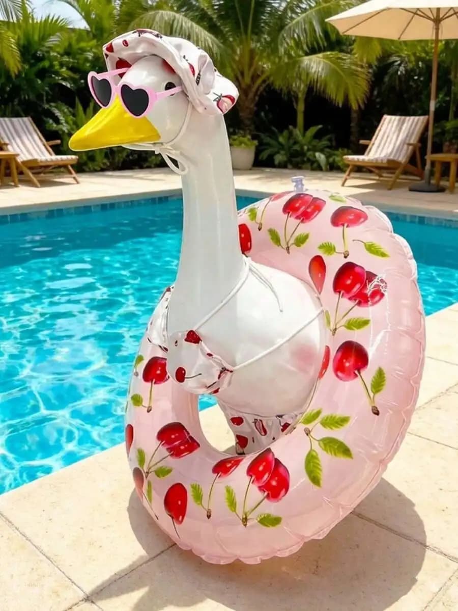 Costume Estivo per Oca da Giardino, Simpatico Abito Bikini con Anello da Nuoto, Occhiali da Sole e Cappello per Statua di Oca da Giardino da 23 Pollici VHVZ