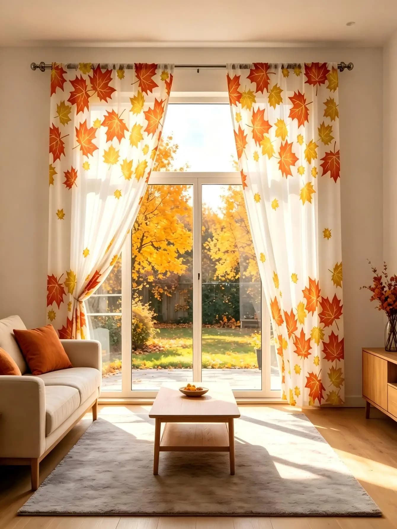 2PCS Digital Print Sheer Curtain, Orange Yellow Maple Leaf Fall Autumn Window Drapes for Living Room Bedroom Home Decor