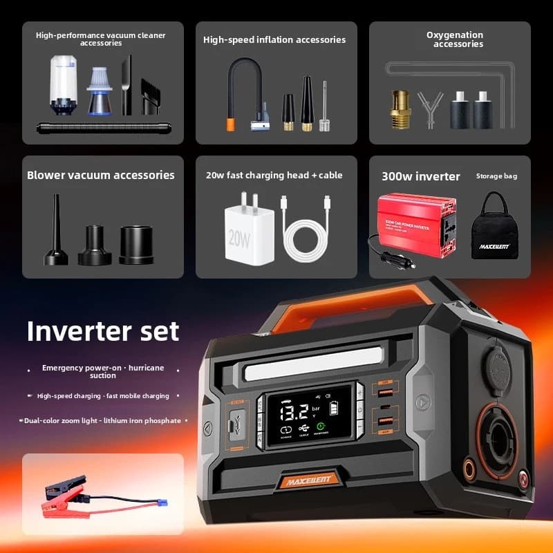 Avviatore d'Emergenza per Auto Tutto-in-Uno con Pompa d'Aria e Inverter da 300W per Campeggio all'Aperto