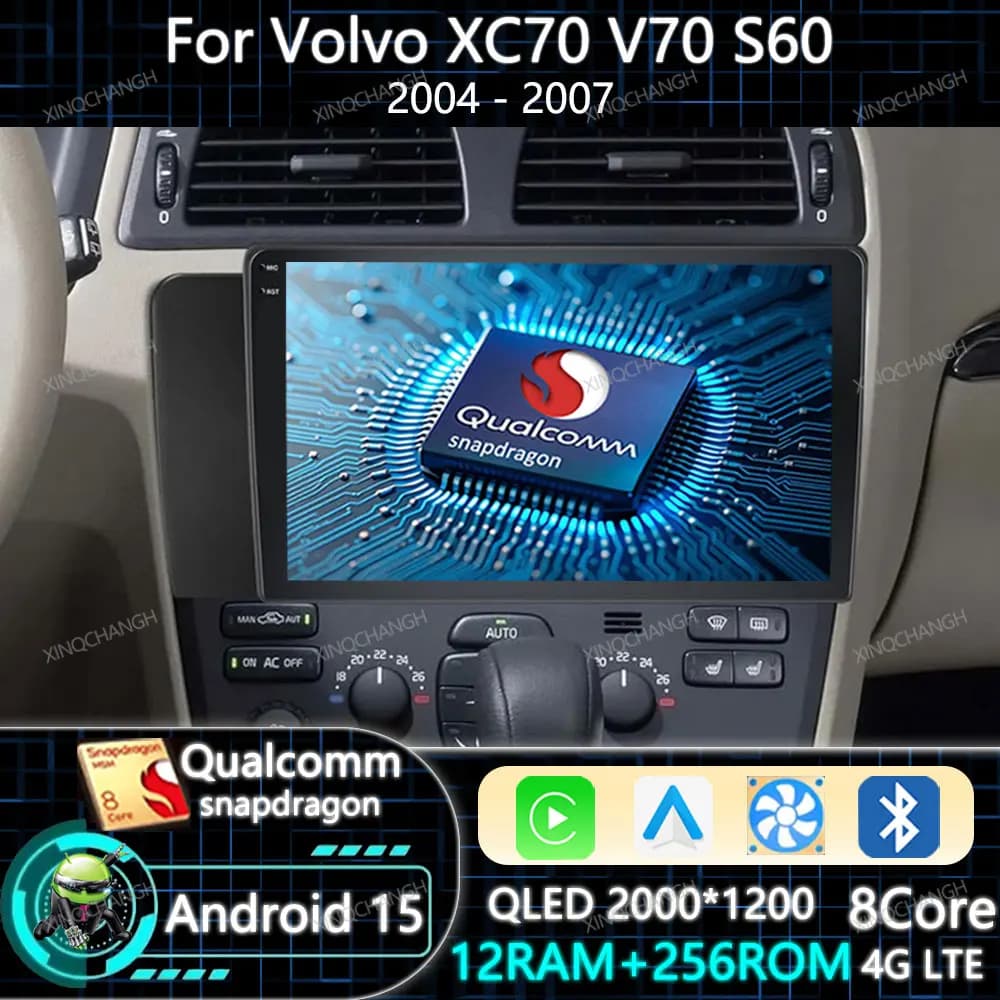 Android 15 Car Radio Carplay Auto For Volvo XC70 V70 S60 2004 - 2007 Head Unit 4G WIFI 2DIN GPS Qualcomm QLED BT Navigation BT