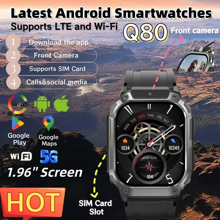 NEW Q80 Smart Watch 4G SIM Card 1.96'' AMOLED Screen GPS WIFI Front 200W Camera Video Call Google Play Android Smartwatch