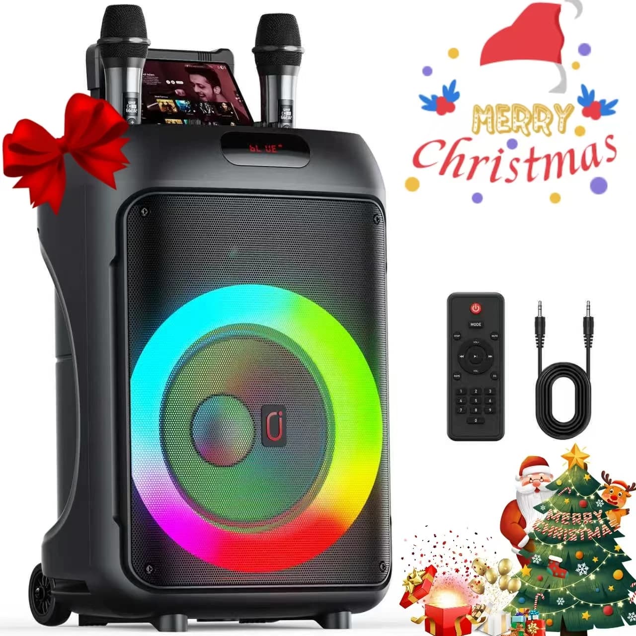 Macchina per Karaoke T36 con 2 Microfoni Wireless, Altoparlante Bluetooth Portatile da 160W con Regolazione Bassi/Alti, Ruote e Trolley