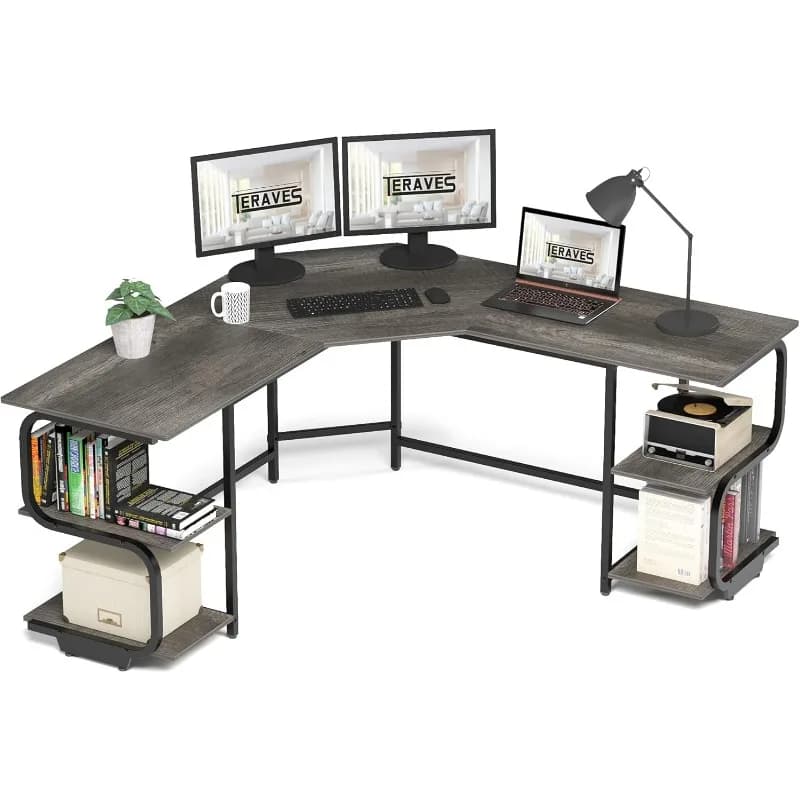 Scrivania sagomata con ripiani, scrivania per computer da gioco da 64,84 pollici per ufficio domestico, scrivania angolare con desktop (rovere nero+nero