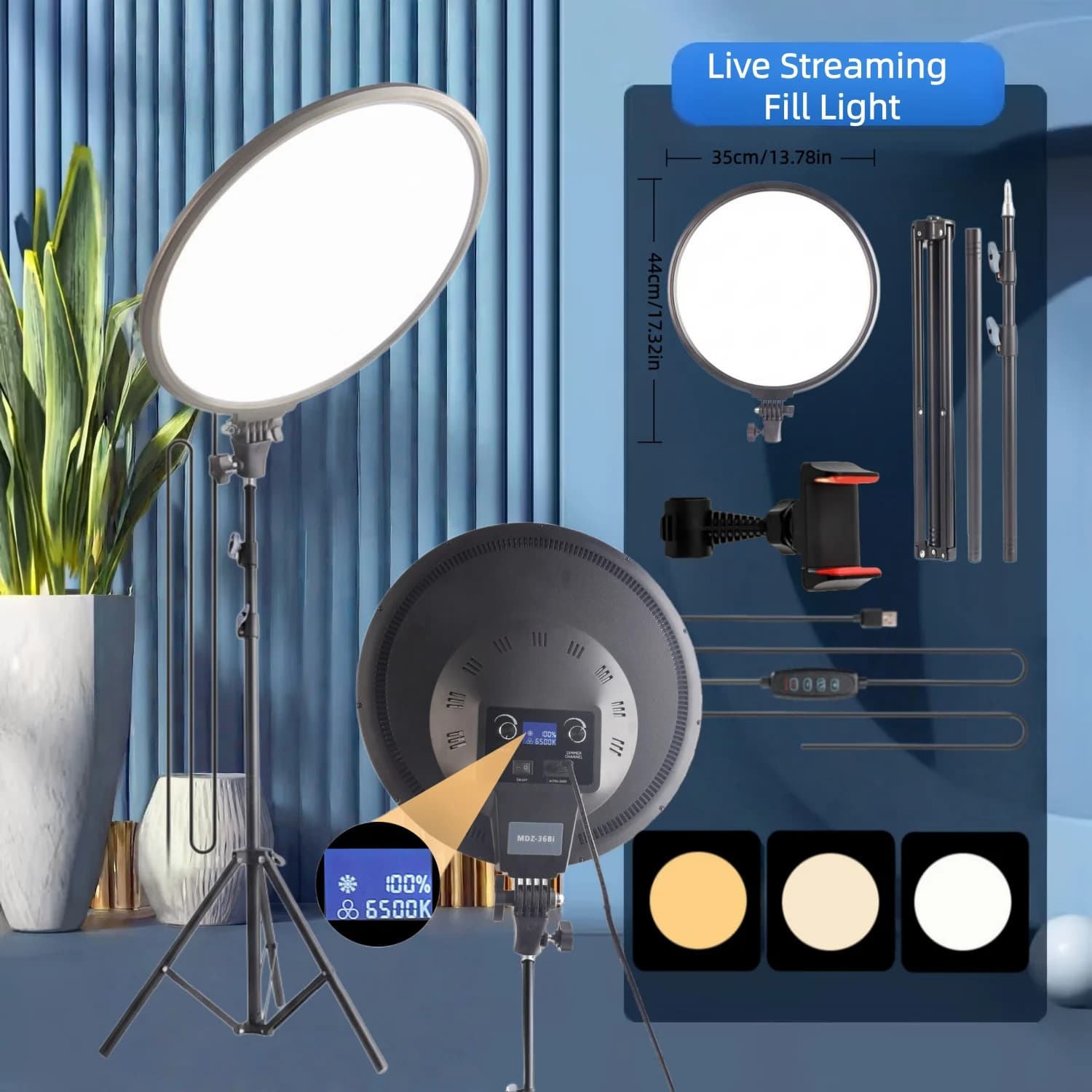 14inch Shadowless Full-Screen Live Streaming Fill Light, Professional Studio Lighting for Live Rooms, Desktop Makeup & Photography Light, Soft Diffused Face Light for Indoor Photo/Video Shooting, with 71inch Adjustable Stand and Phone Holder