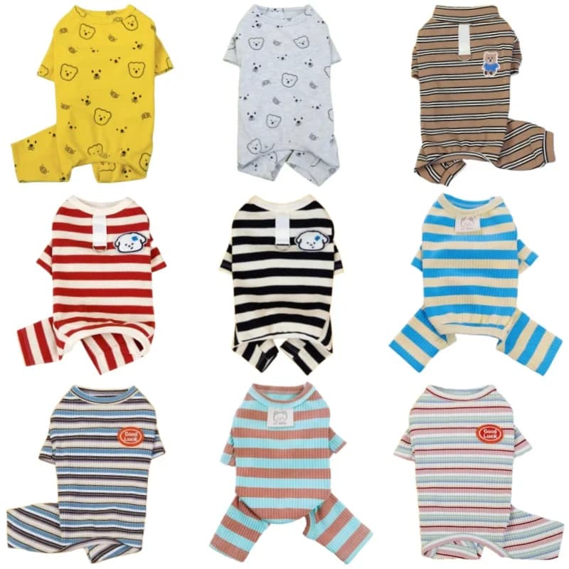 Cute Bear Print Dog Jumpsuits Fashion Stripe Dog Pajamas Soft Puppy Jumpsuit with D-Ring Four-Legged Pet Rompers Cat Dog Clothes