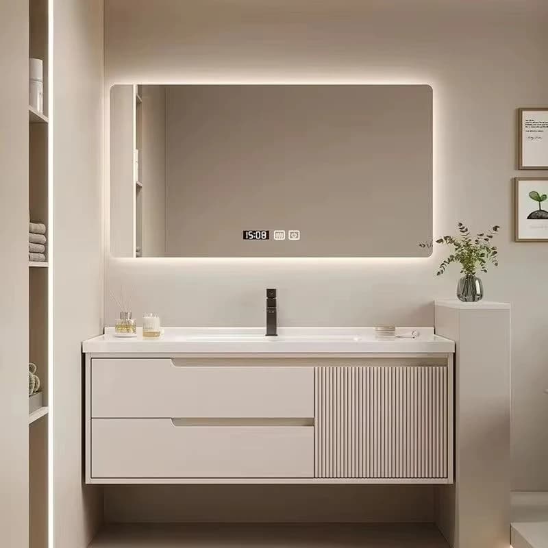 Mobile da Bagno con Lavabo e Specchio Integrati, Design con Lastra Curvata a Caldo, Lavandino per Arredamento Casa, Decorazione in Offerta