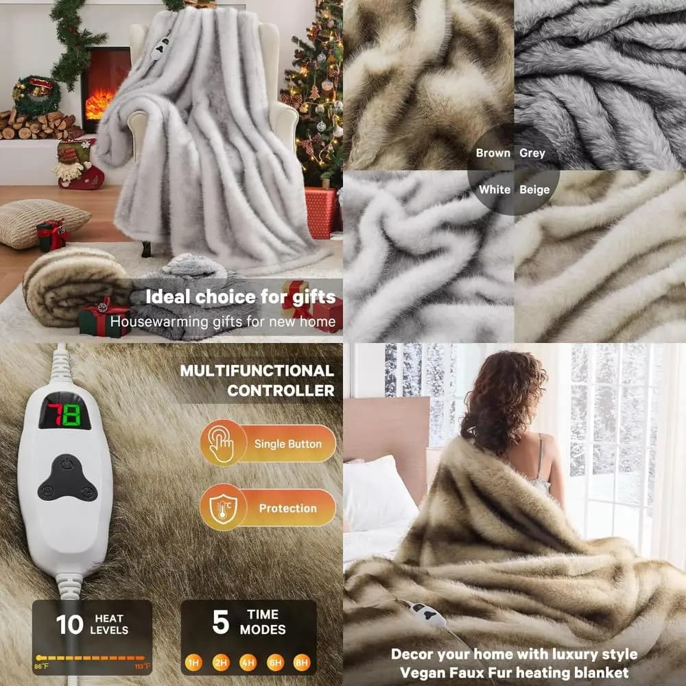 Coperta elettrica di lusso in pelliccia sintetica, 50x60, 10 impostazioni di calore, spegnimento automatico 8 ore, peluche e accogliente per l'inverno