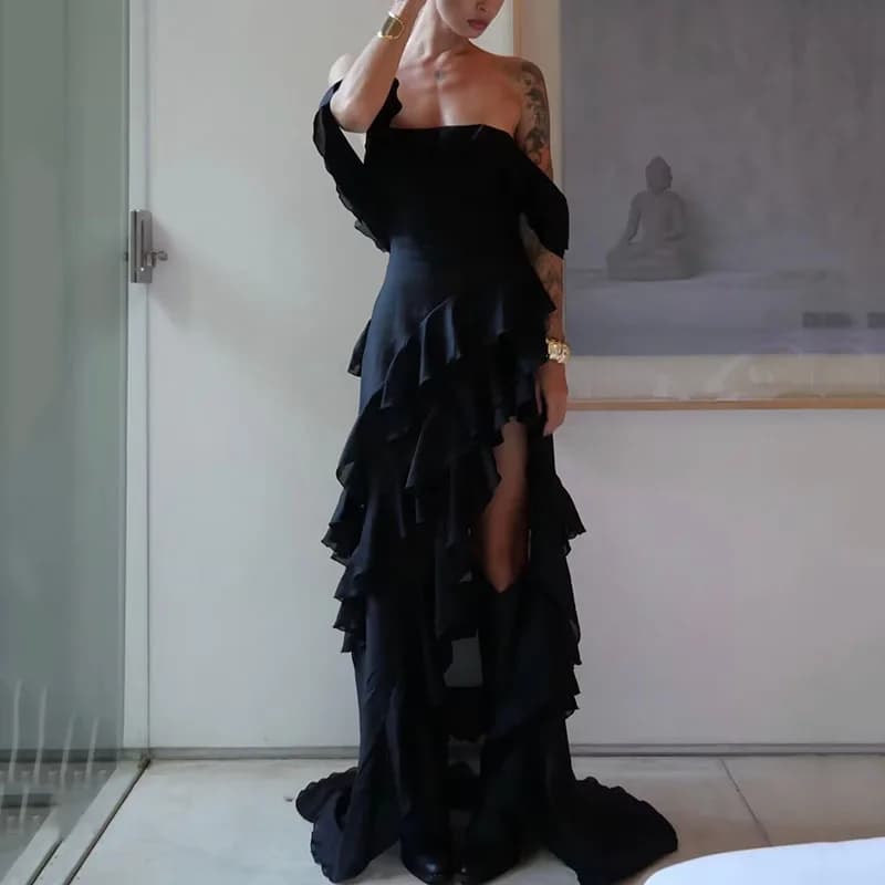 Y2K Ruffles Irregular Woman Dresses Sexy Thin Sheer Off Shoulder Chiffon Dress Women Fashion Backless Lace Up Slash Neck Robe
