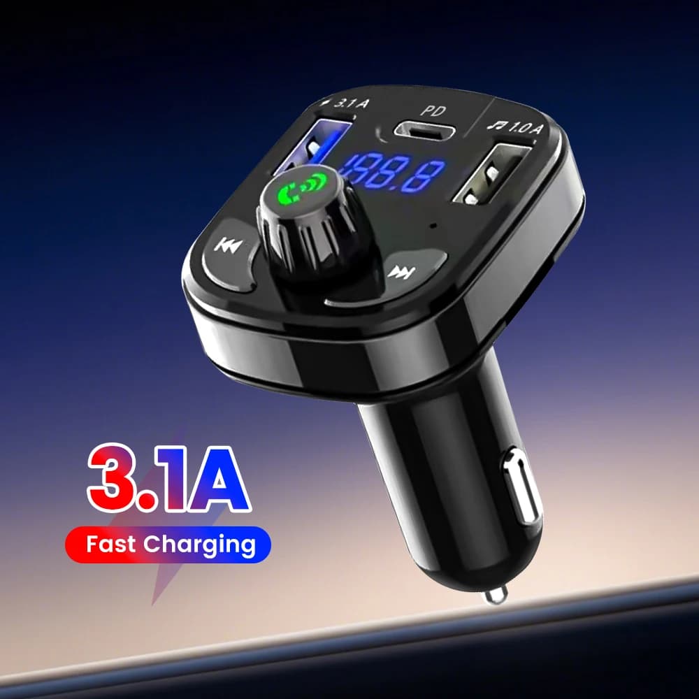 Caricabatteria per auto Bluetooth 5.0 Trasmettitore FM Vivavoce per auto Modulatore radio AUX Lettore MP3 Doppio USB C Adattatore di ricarica rapida per auto
