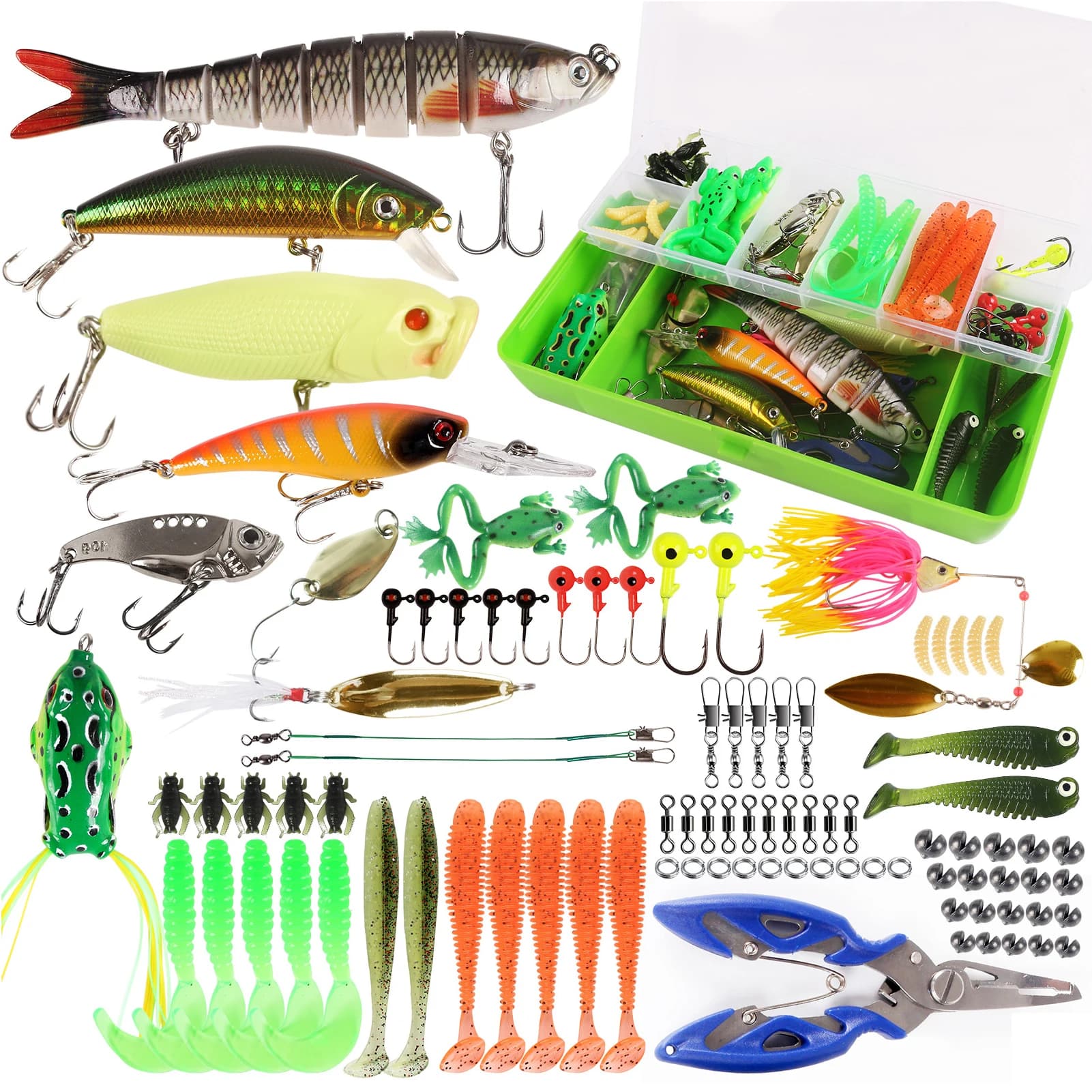 FREE FISHER 94pcs Fishing Soft Baits,Jig Head Hooks Swimbaits,Minnows Spoon Poppers,Fishing Plies Double-Layer Tackle Gear Box