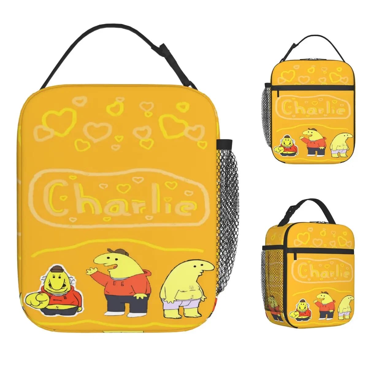 Amici sorridenti Pim e Charlie Borsa per il pranzo dei cartoni animati Scatola per il pranzo isolata portatile Borsa termica per grafica da picnic Borse termiche