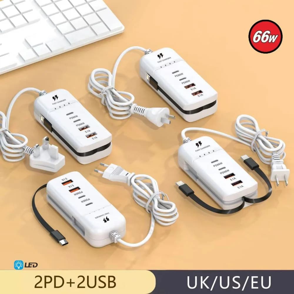 Stazione di Ricarica Rapida USB C Multi-Porta 66W, PD QC3.0 4/2PD 2 Porte USB, Caricatore da Muro Portatile con Cavo Integrato, Spina EU/US/UK