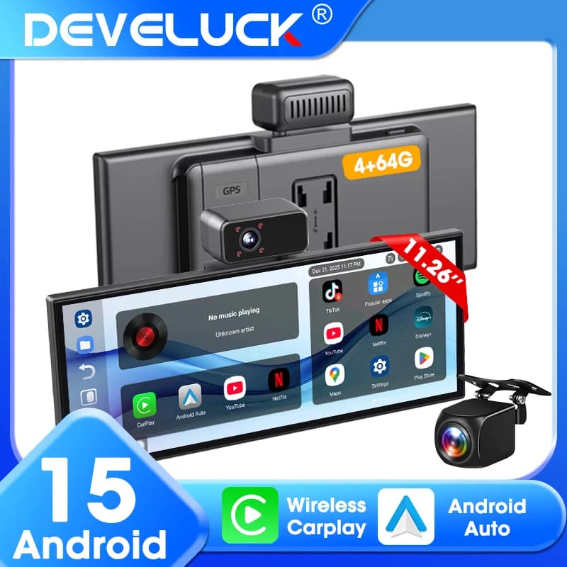 Develuck New T503 Dash Cam 11.26" Android 15 4+64G Wireless CarPlay Front Camera and Rear Dual Lens Video Recorder for Auto