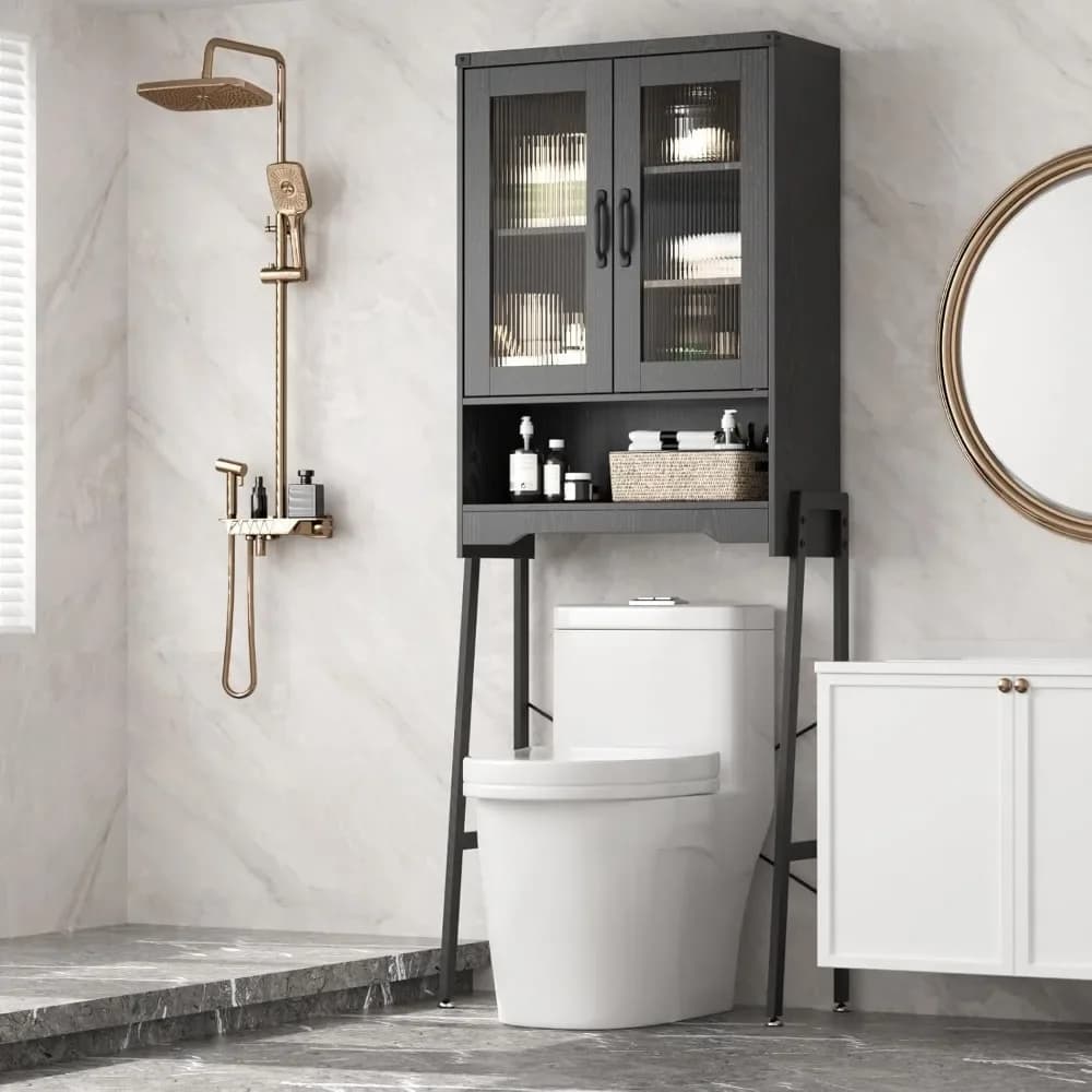 Cabinet over the toilet with tempered glass doors and adjustable shelf, bathroom organizer with metal support space saving ov