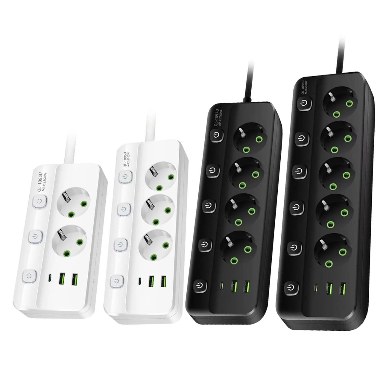 Multiple socket with European plug Independent 2/3/4/5 position control socket with 2 USB ports 1 type C 2 m extension Electric sockets