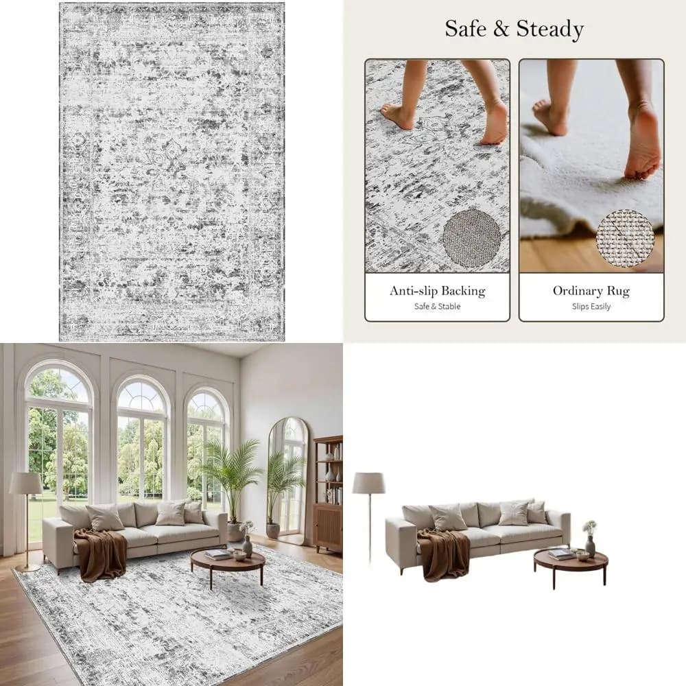 6x9 Washable Mats, Vintage Style Boho Grey, Soft Interior Carpet, Suitable for Living Room, Bedroom, Lunch Room and Office