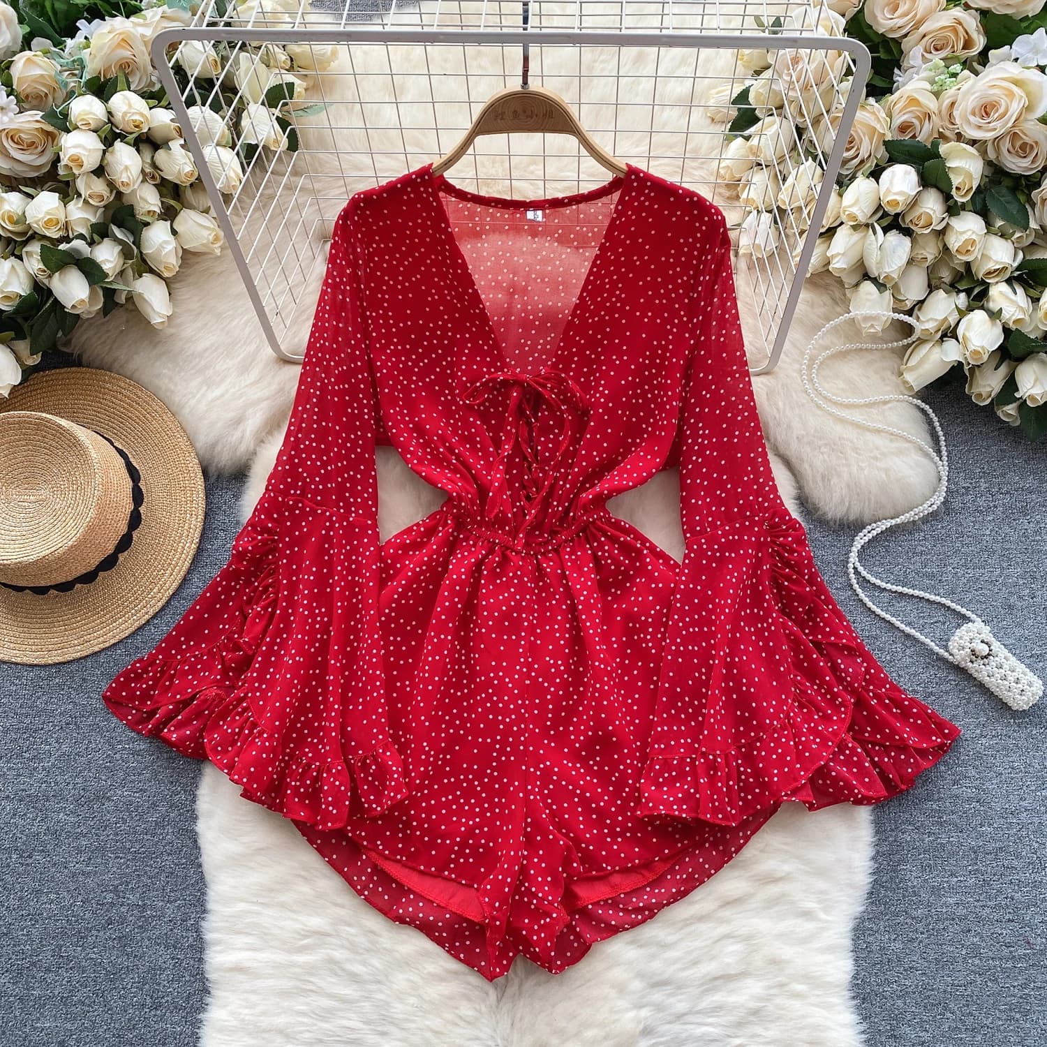 Vintage elegante scollo a v manica svasata ruffle Dress a-line Fashion Beach primavera estate abiti donna fasciatura dolce