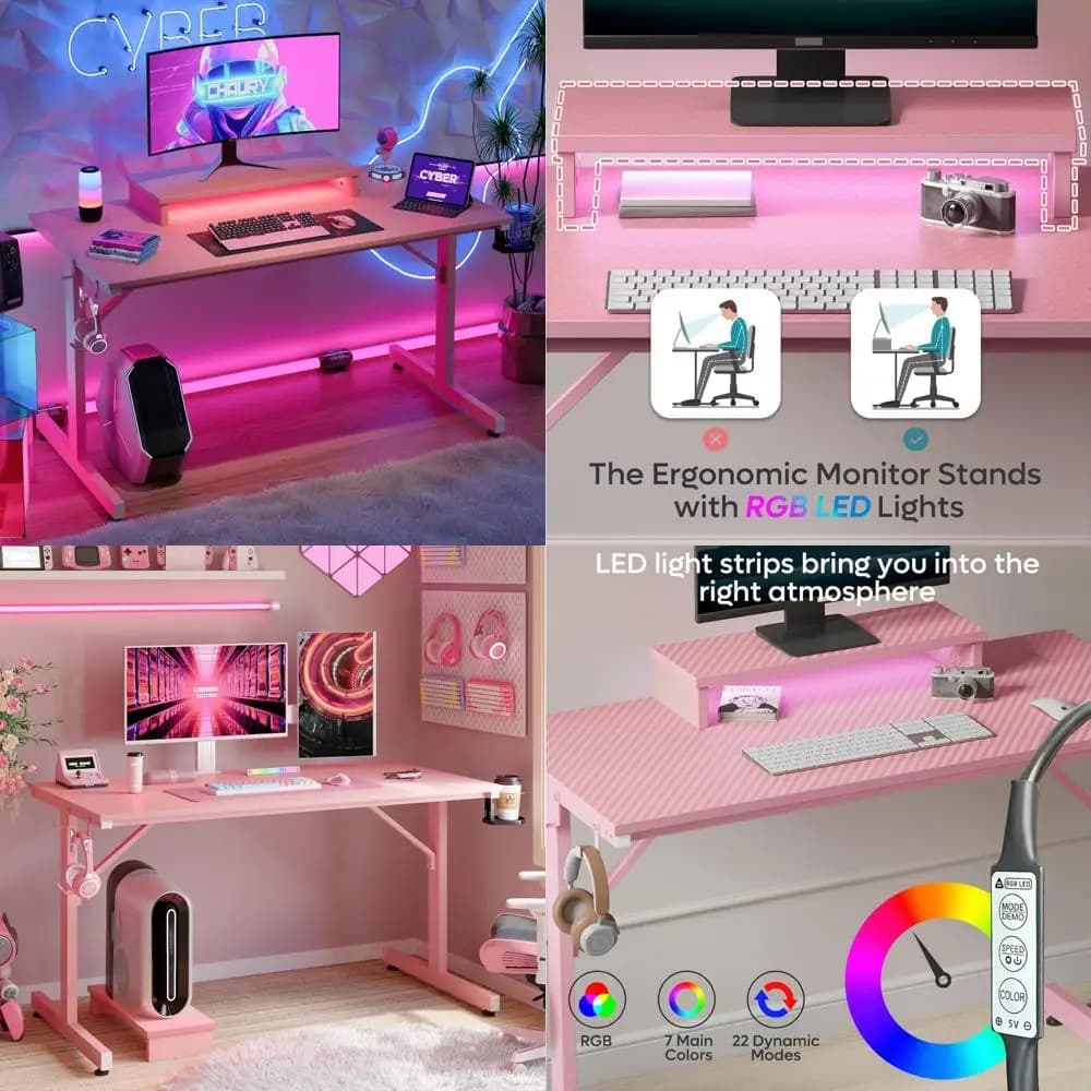 42 inch pink LED computer desk with monitor support, cup holders and headphone hooks for workstation gamer