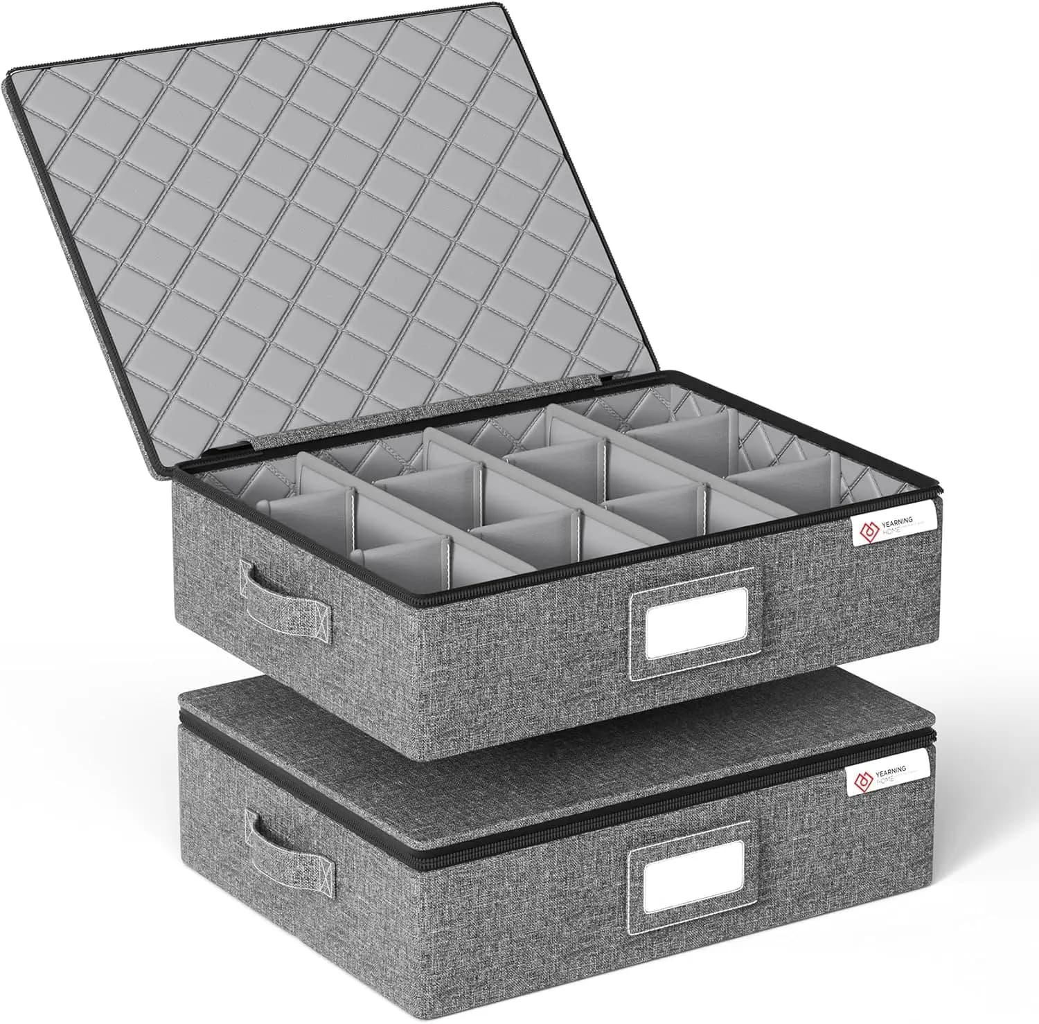 Box holder stackable cups with rigid shell and partitions, contains 12 cups, 2-piece gray organizer for movers