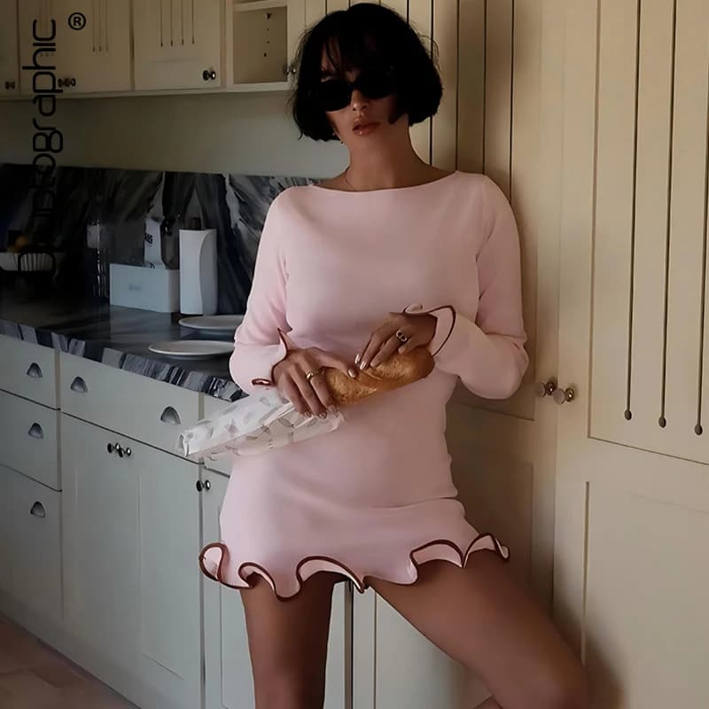 Mini abito con finiture alla moda impreziosito da crittografico Abiti autunno inverno Vestido casual Abiti eleganti a maniche lunghe solidi