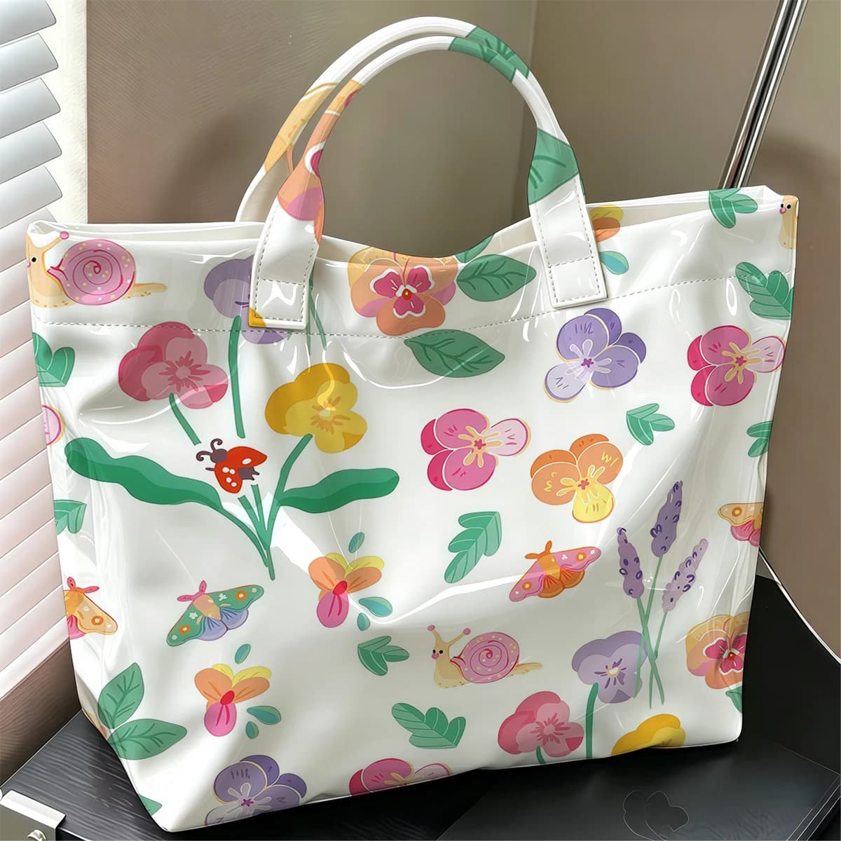 Garden Flora Cute Large Glossy PVC Tote Bag Hand Washable Lightweight Soft Great for Travel Commute Makeup Storage Handbags