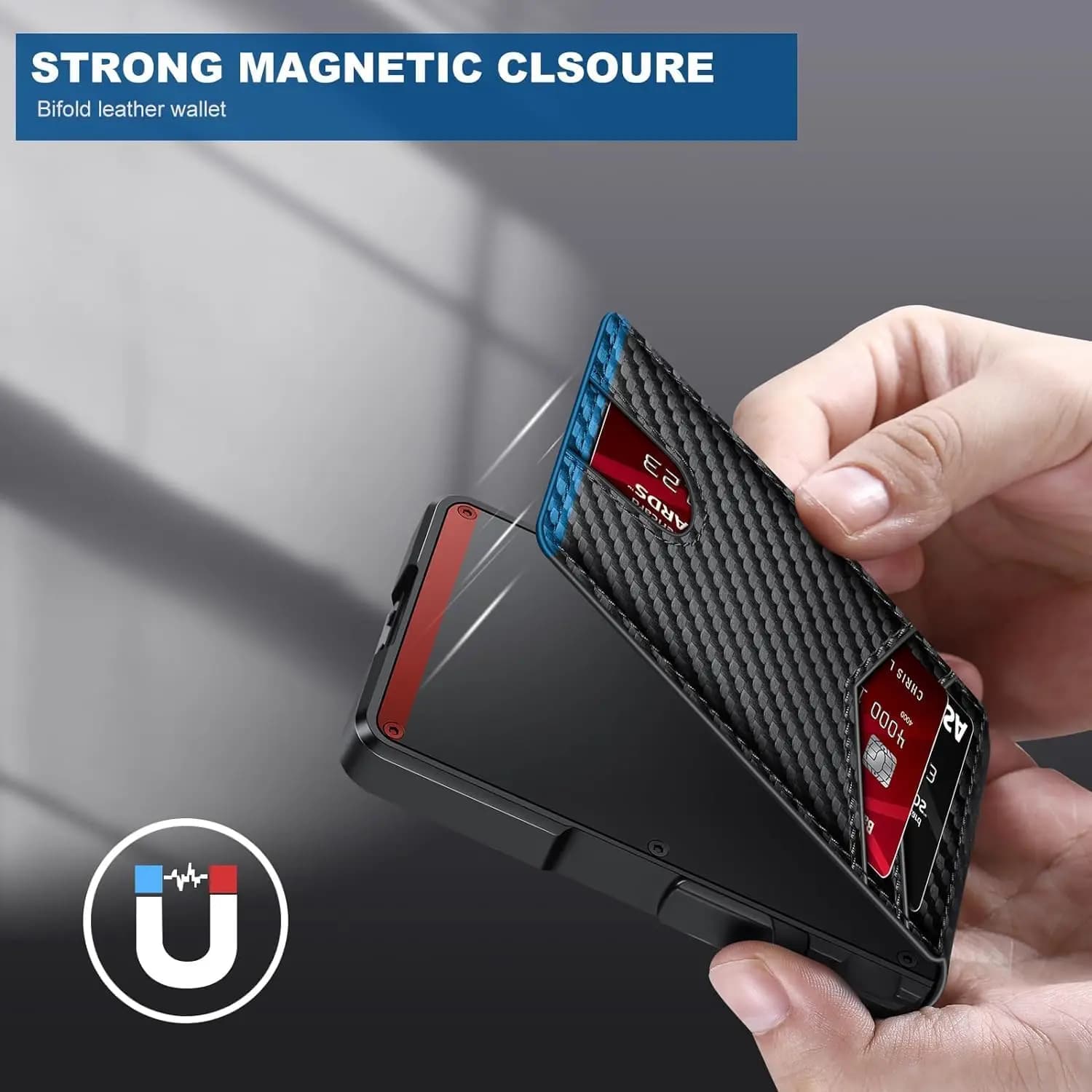 Portafoglio da uomo sottile in pelle con blocco RFID, a due ante, da tasca frontale, con chiusura magnetica a scomparsa e fermasoldi, porta carte